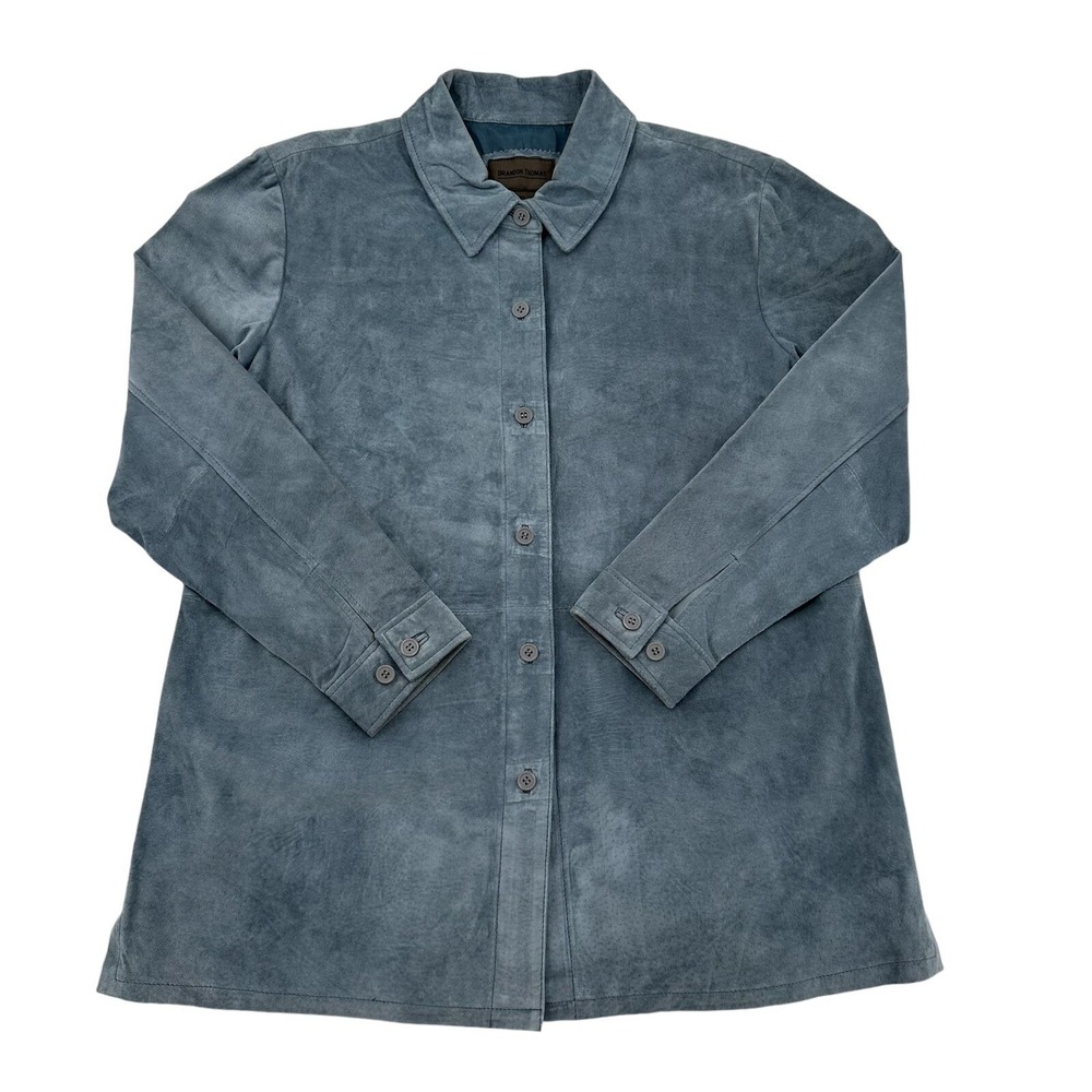 Brandon Thomas Womens 1X Blue Suede Leather Jacket Button Front Mid Length Coat
